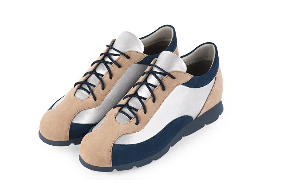 Biscuit beige, light silver and navy blue women's three-tone elegant sneakers. Round toe. Flat rubber soles. Front view - Florence KOOIJMAN